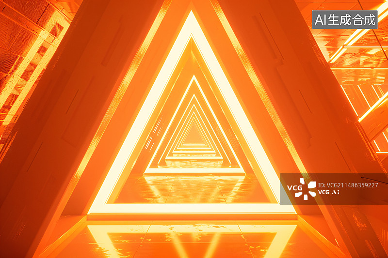 【AI数字艺术】三角形形状霓虹发光激光未来主义科幻背景，抽象三维壁纸概念插图图片素材