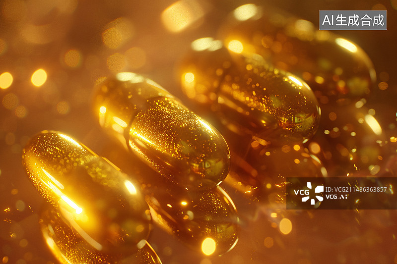 【AI数字艺术】金色胶囊药物维生素D补充剂，鱼油。医疗和健康概念插图图片素材