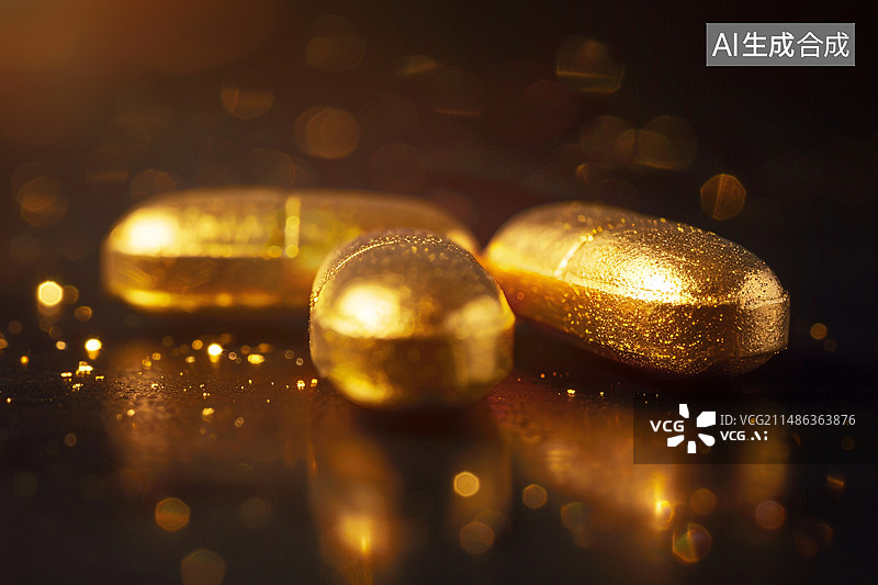 【AI数字艺术】金色胶囊药物维生素D补充剂，鱼油。医疗和健康概念插图图片素材