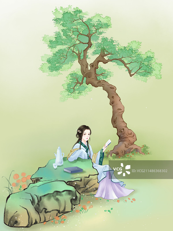 院中读书图图片素材