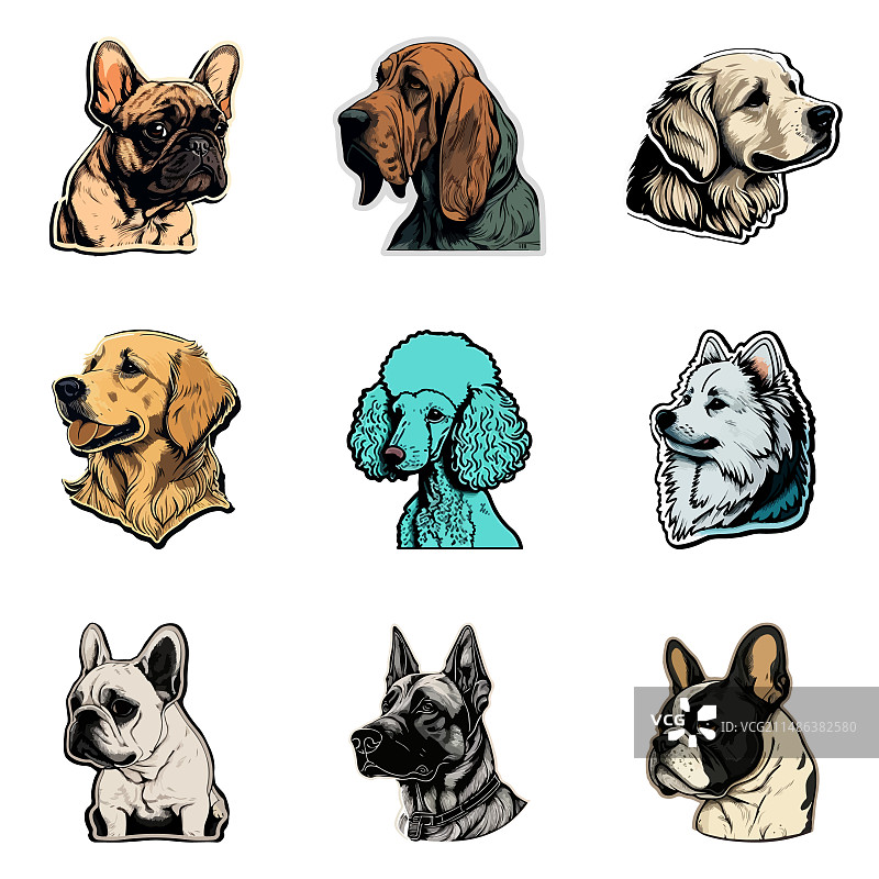 狗狗贴纸扁平图标集，白色背景图片素材