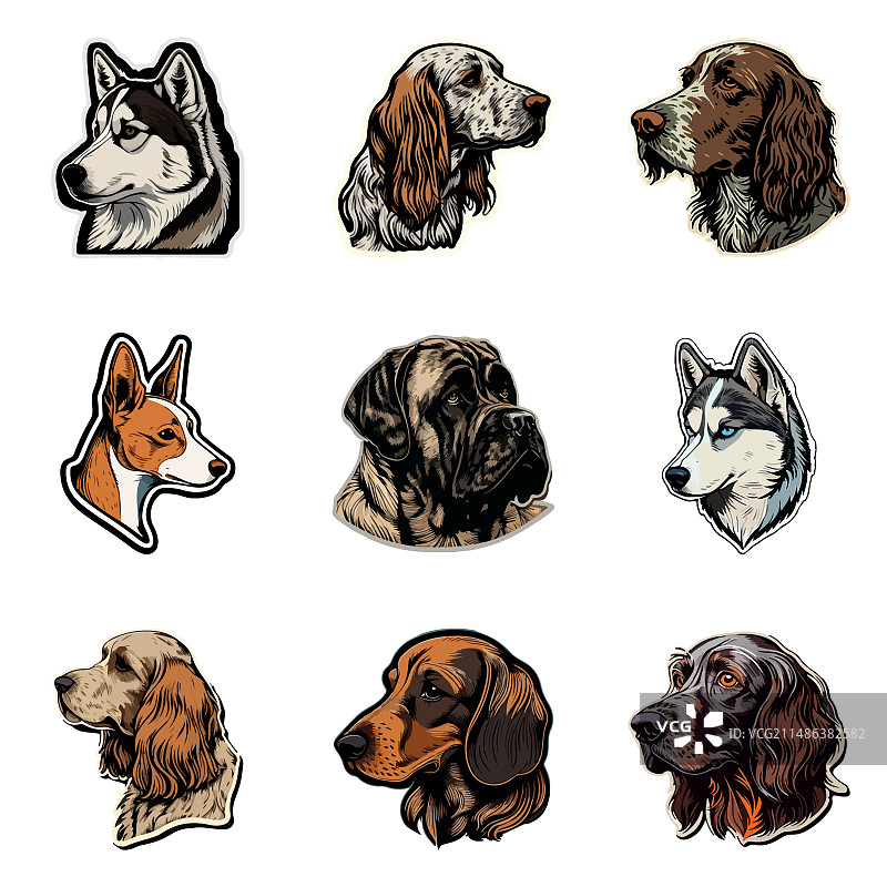 狗狗贴纸扁平图标集，白色背景图片素材