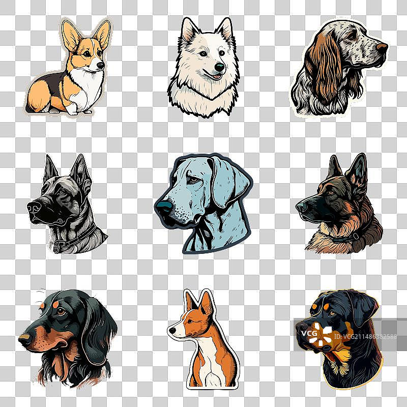 狗狗贴纸扁平图标集，白色背景图片素材