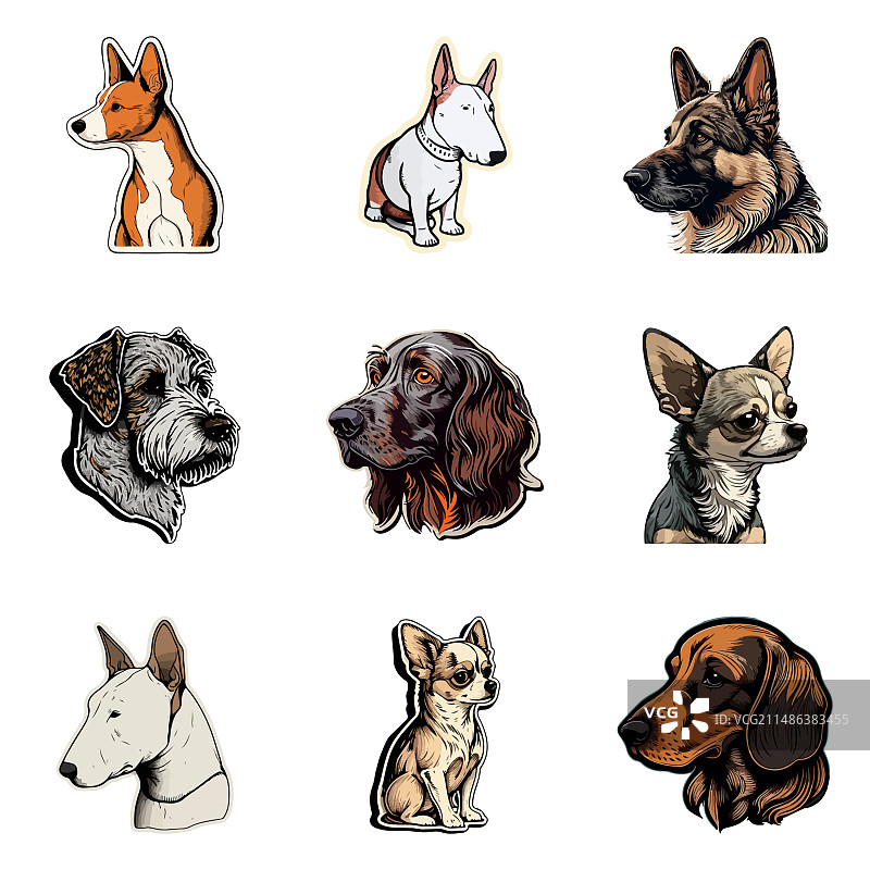 狗狗贴纸扁平图标集，白色背景图片素材