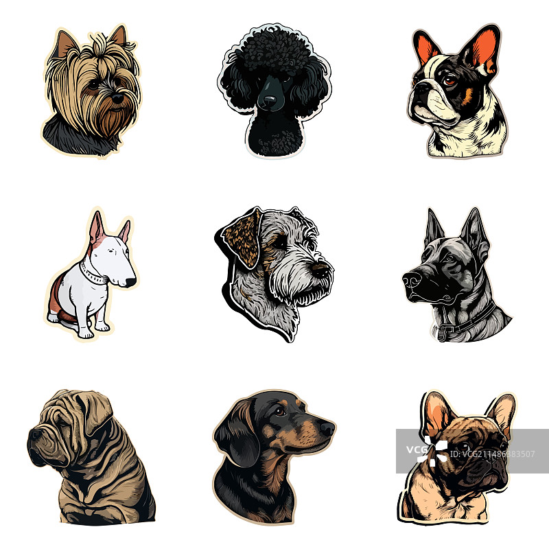狗狗贴纸扁平图标集，白色背景图片素材