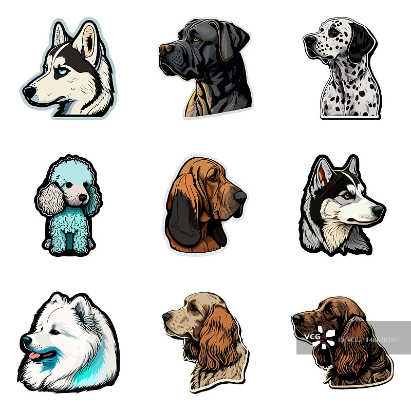 狗狗贴纸扁平图标集，白色背景图片素材