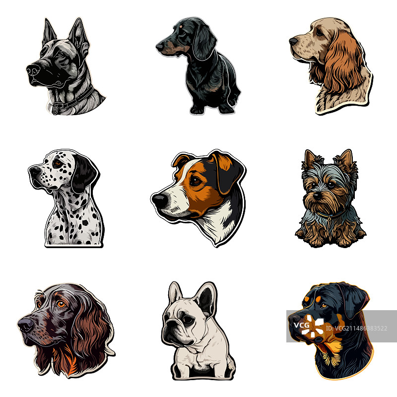 狗狗贴纸扁平图标集，白色背景图片素材