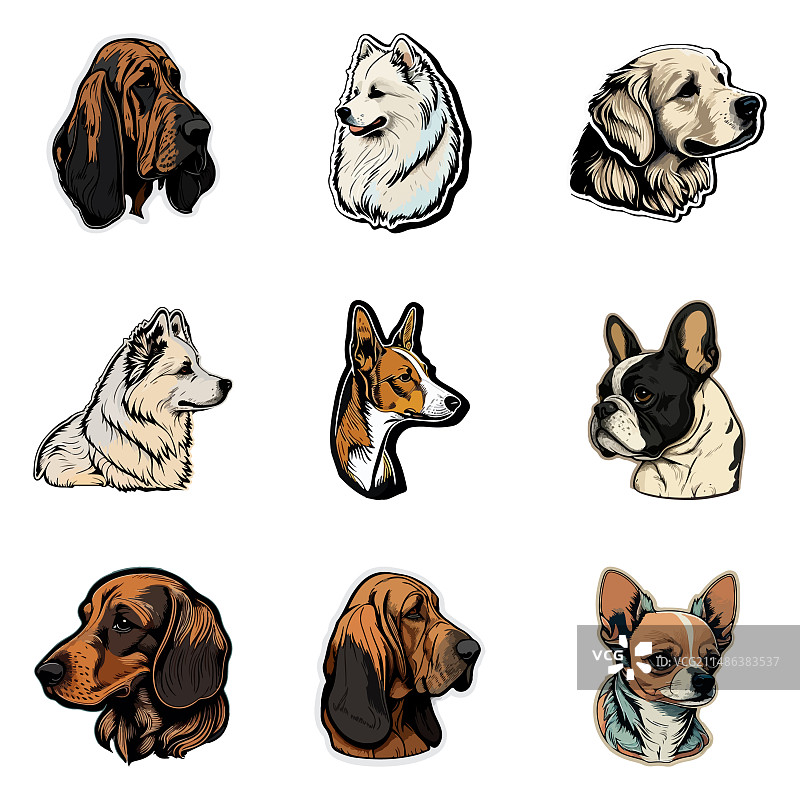 狗狗贴纸扁平图标集，白色背景图片素材
