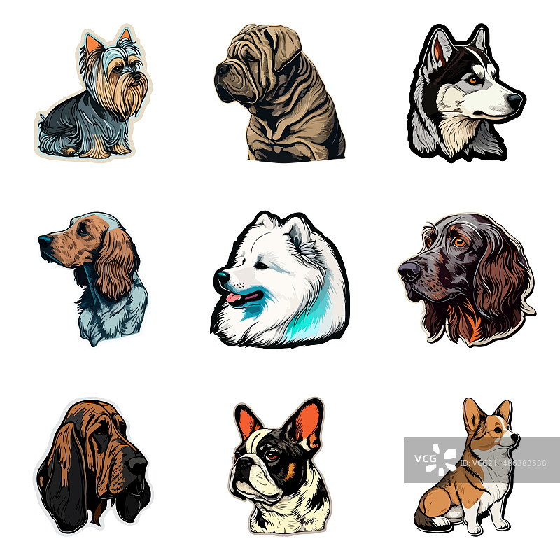 狗狗贴纸扁平图标集，白色背景图片素材