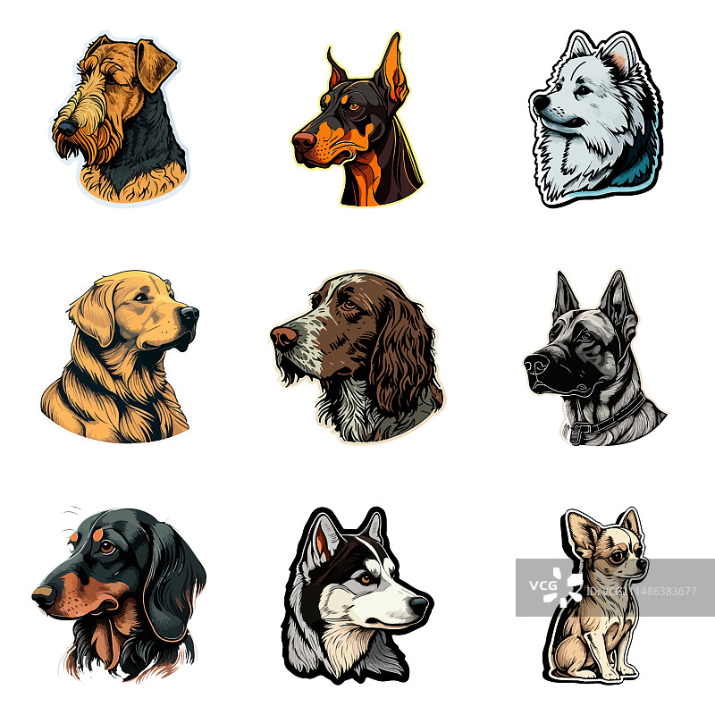 狗狗贴纸扁平图标集，白色背景图片素材