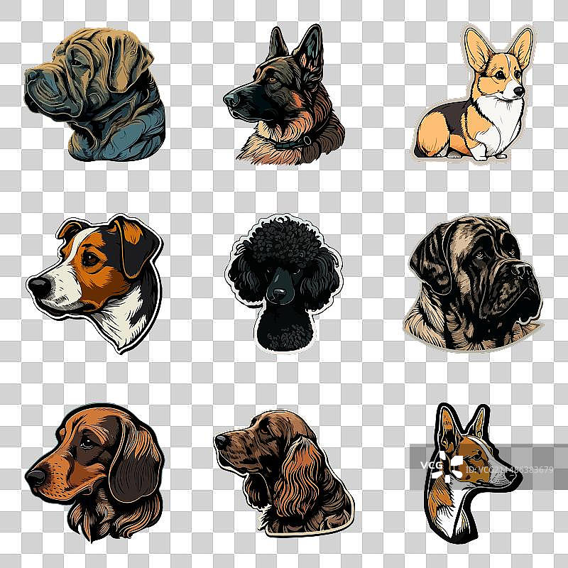 狗狗贴纸扁平图标集，白色背景图片素材