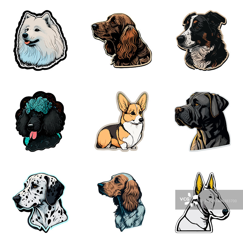 狗狗贴纸扁平图标集，白色背景图片素材