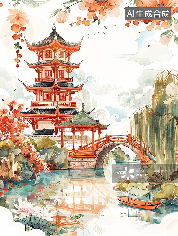 【AI数字艺术】中式园林风光图片素材