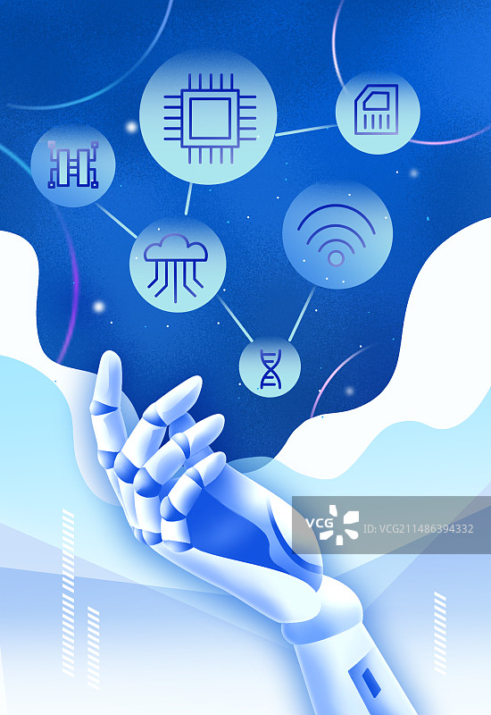 机器人人工智能手托起旋转电子手部侧面特写渐变色块蓝色插画图片素材