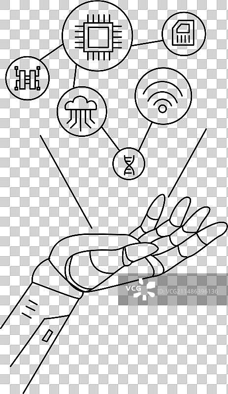 机器人人工智能手掌张开托举出手部特写科技气泡线条描线图片素材