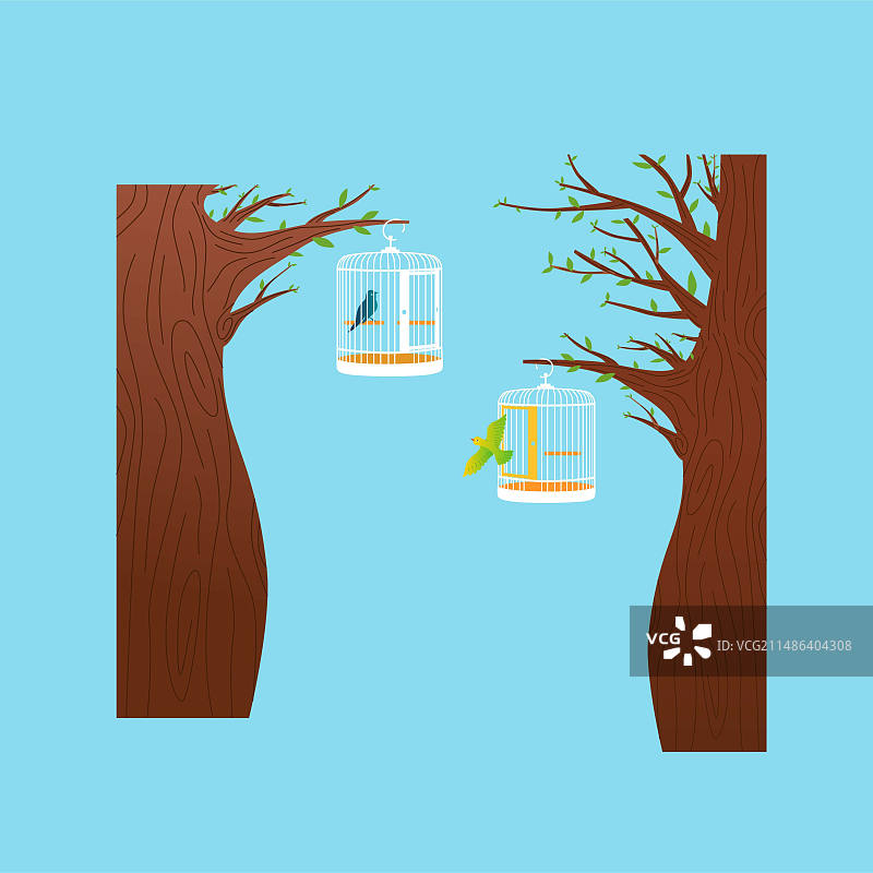 挂在树上的鸟笼插画元素图片素材