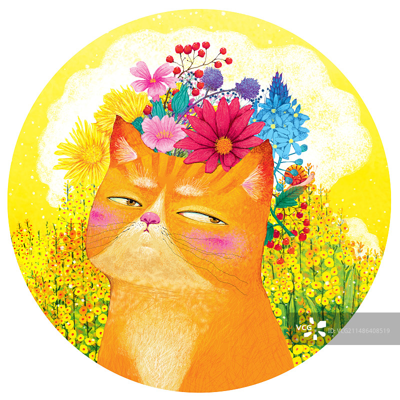 可爱有趣的动物插画 坐在箩筐上头顶带花的大黄猫图片素材