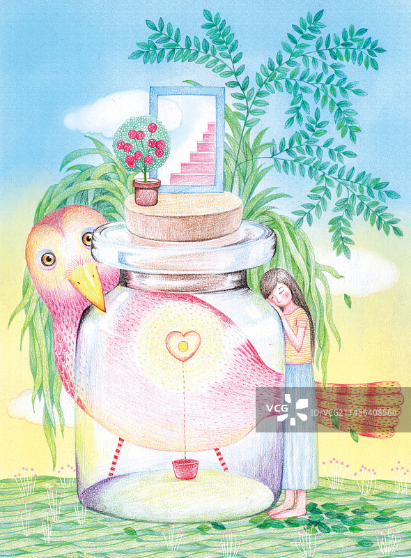可爱有趣的动物插画 彩色铅笔插画趴在许愿瓶上的女孩图片素材