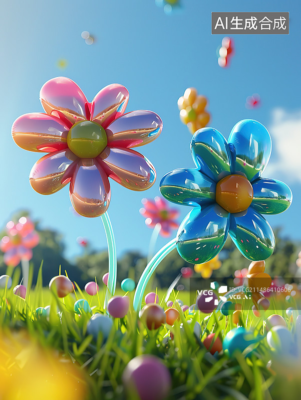 【AI数字艺术】彩色复活节彩蛋在田野上的特写镜头图片素材