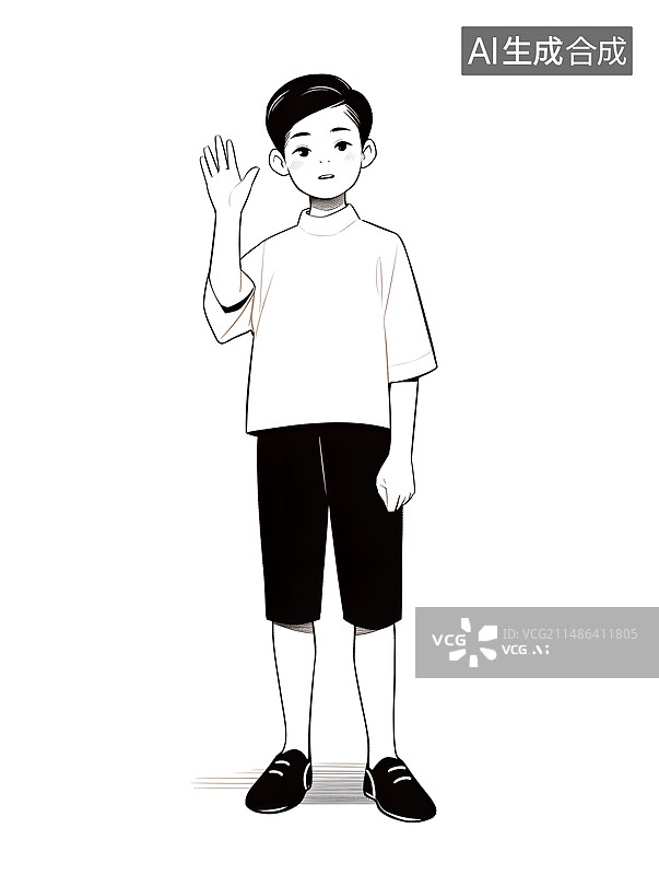 【AI数字艺术】一个男孩正在招手黑白线条插画图片素材