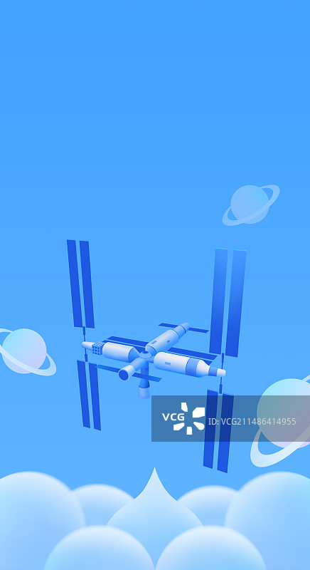 空间站插画，空间站组合体与星球与太空，中国航天日世界航天日，航天成就庆典智能科技金融图片素材