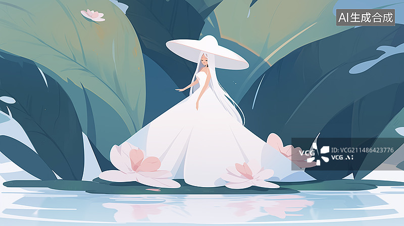 【AI数字艺术】白色背景下的人和荷花，荷花背景，白色背景图片素材