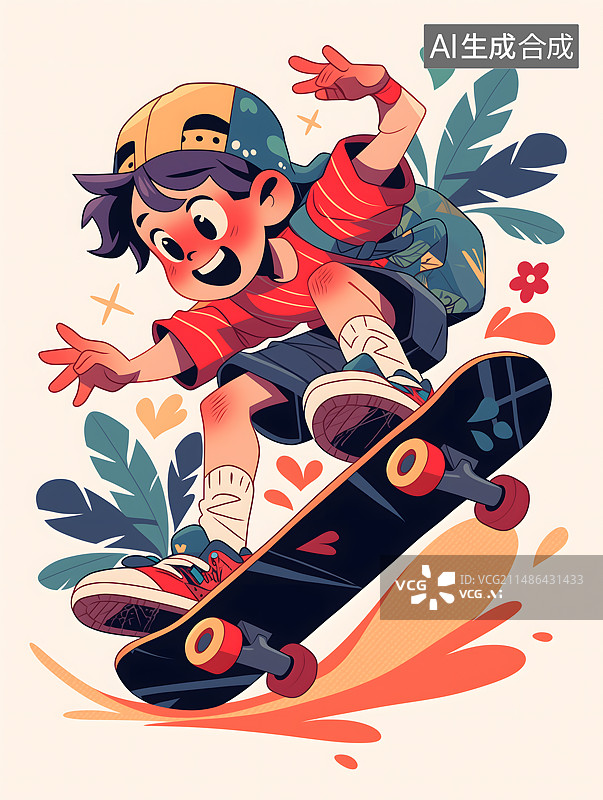 【AI数字艺术】漫画插画二维扁平风格滑板少年少女图片素材