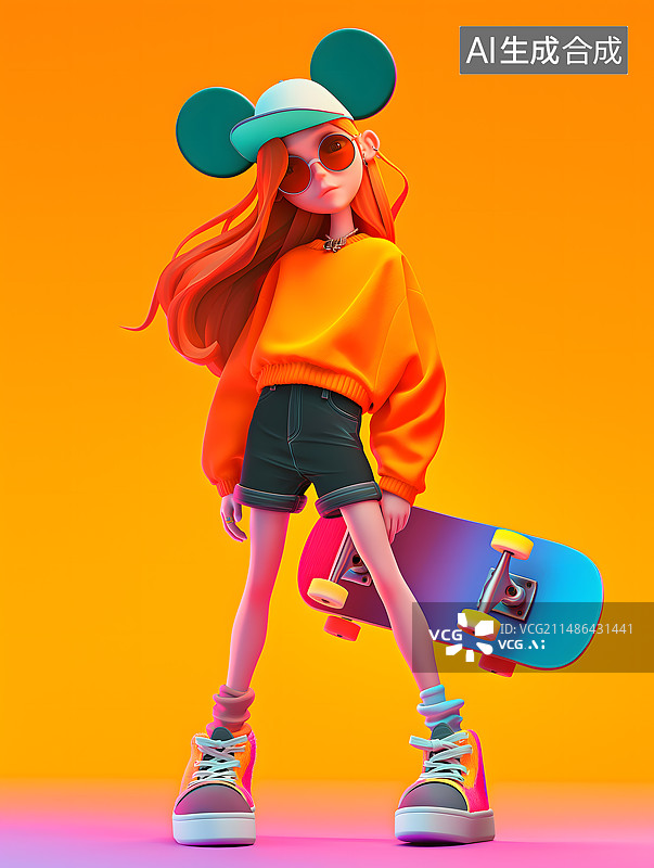 【AI数字艺术】漫画插画二维扁平风格滑板少年少女图片素材