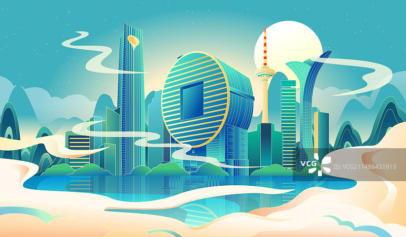 沈阳城市地标建筑国风矢量插画海报图片素材