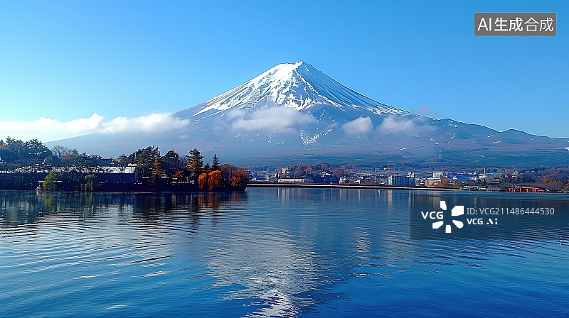 【AI数字艺术】白雪皑皑的群山映衬着碧空的湖景图片素材
