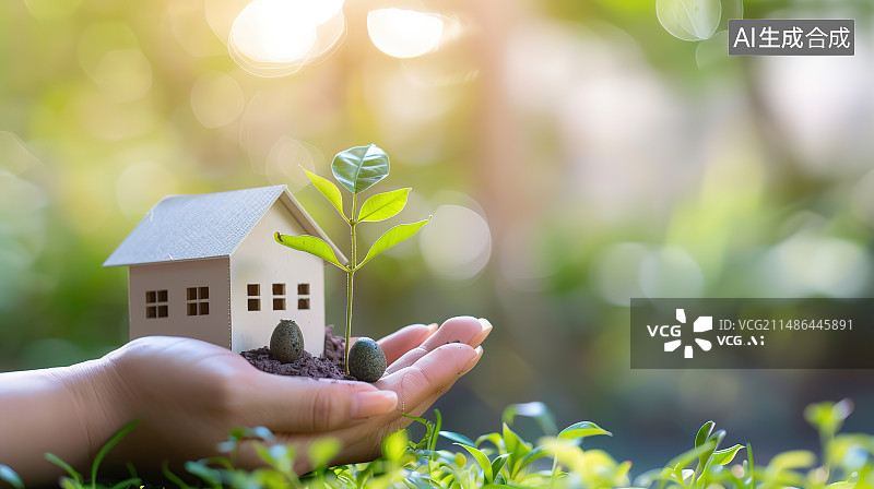 【AI数字艺术】不规则的手拿着模型房子和植物图片素材