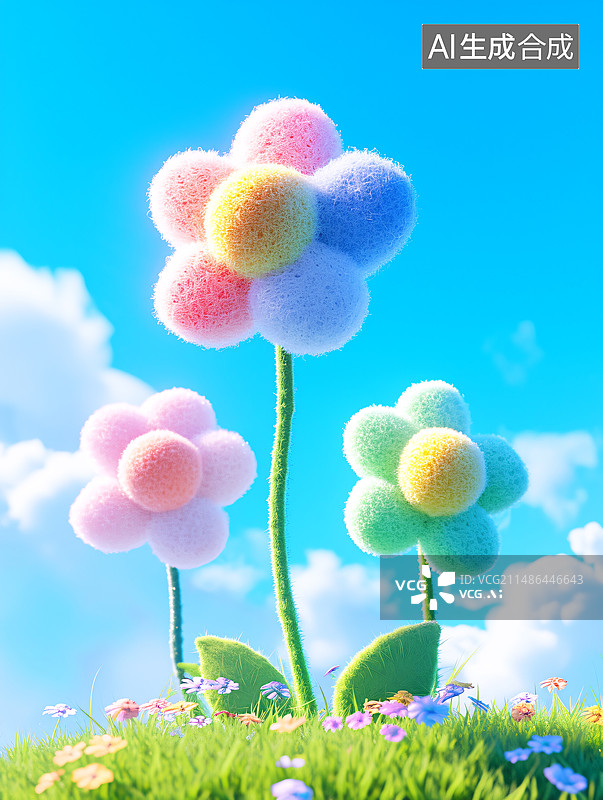 【AI数字艺术】立夏毛绒质感效果的小花在草坪里绽放图片素材