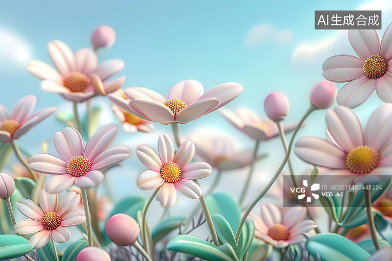 【AI数字艺术】天空中粉红色开花植物的特写镜头图片素材