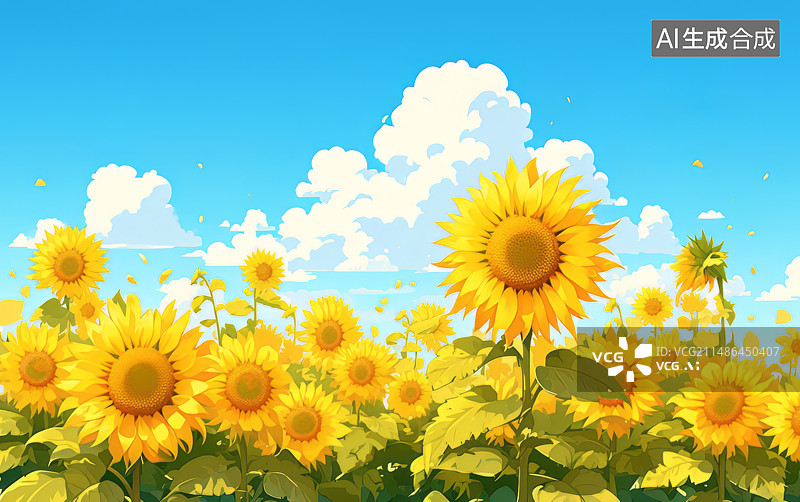 【AI数字艺术】黄色向日葵与蓝天白云背景插画图片素材