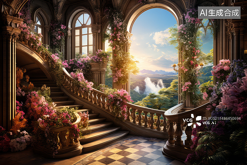 【AI数字艺术】花环装饰的古典建筑室内宏伟楼梯图片素材