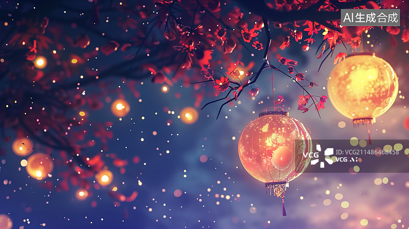 【AI数字艺术】夜空中孔明灯灯笼夜景，中秋节元宵节背景图片素材