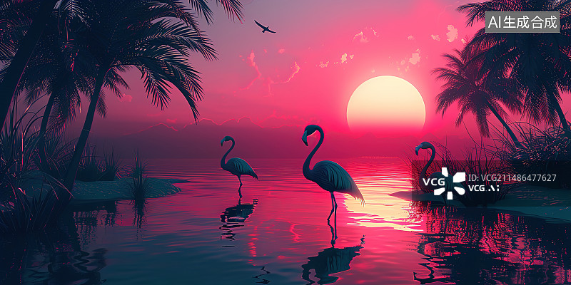 【AI数字艺术】夕阳下的两只天鹅图片素材