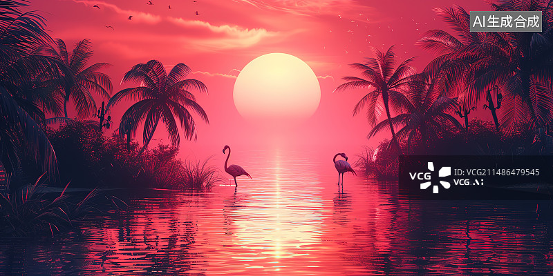 【AI数字艺术】夕阳下的火烈鸟图片素材