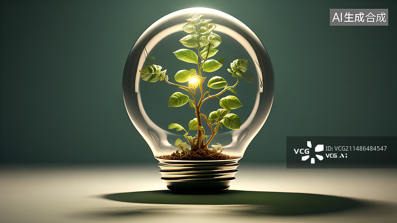 【AI数字艺术】绿色能源环保概念图，灯泡里的绿色植物图片素材
