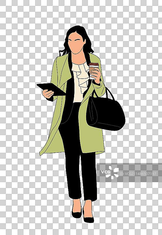 商务女人手拿咖啡杯和手提包行走图片素材