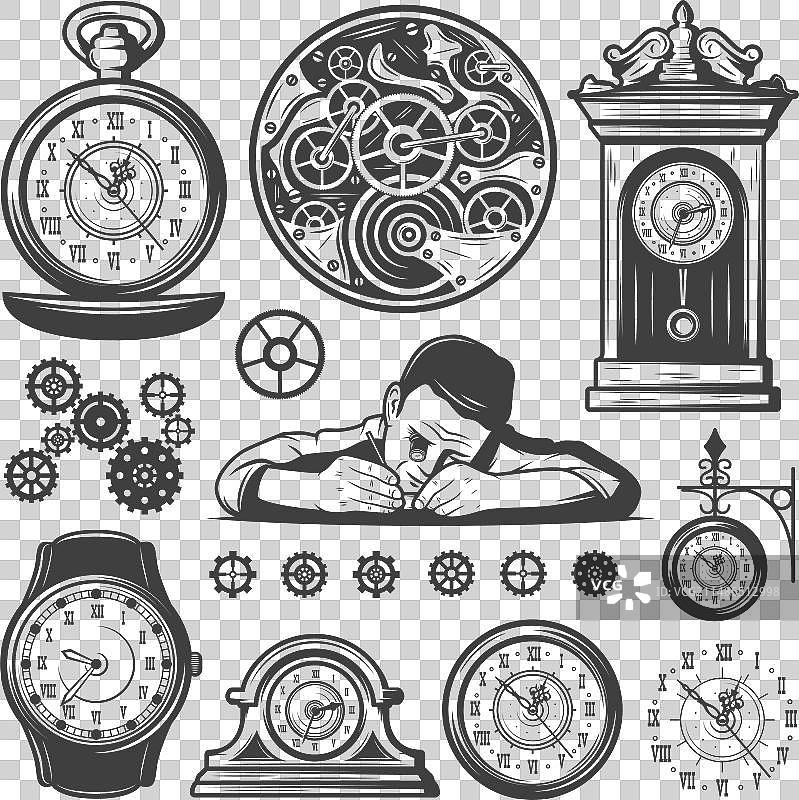 复古单色时钟维修元素集合图片素材