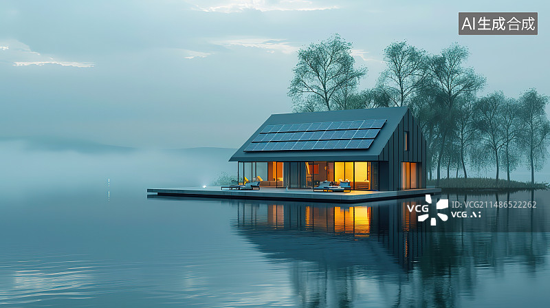 【AI数字艺术】晨雾中的小屋图片素材