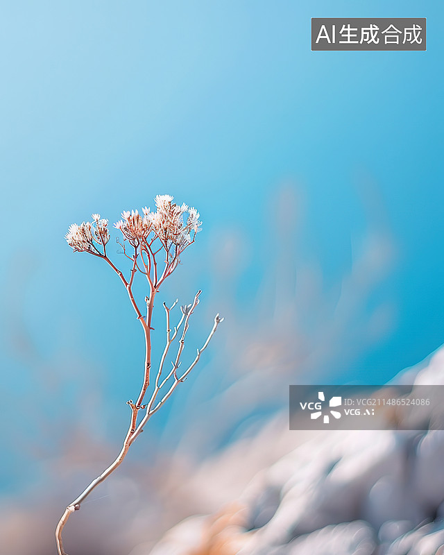 【AI数字艺术】蓝天下开花植物的低角度视图图片素材
