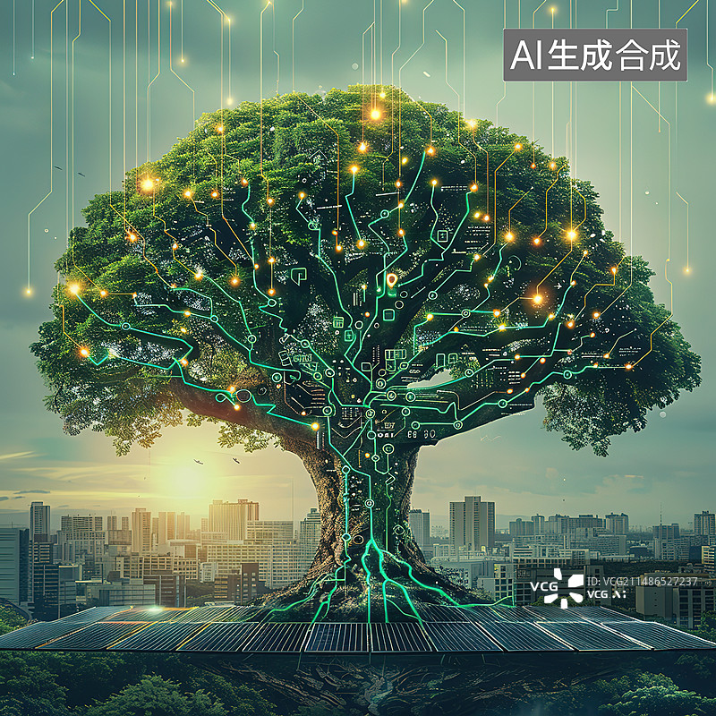 【AI数字艺术】城市天际线的网络科技概念图片素材