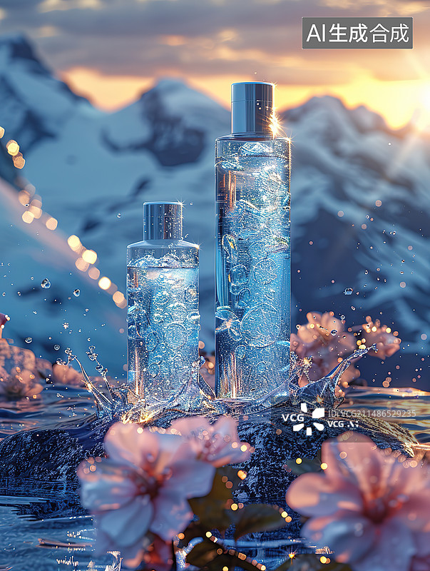 【AI数字艺术】日落时在天空中的瓶子和植物的特写镜头图片素材