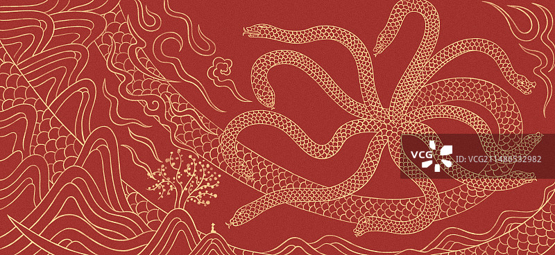 中国风山海经相柳插画，蛇年，十二生肖红金千里江山新年春节金融汽车行业房地产高端蛇山水庆典宣传图片素材