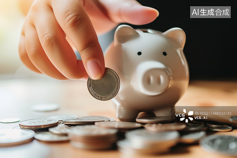 【AI数字艺术】桌面上的一个小猪存钱罐和拿着硬币的手图片素材