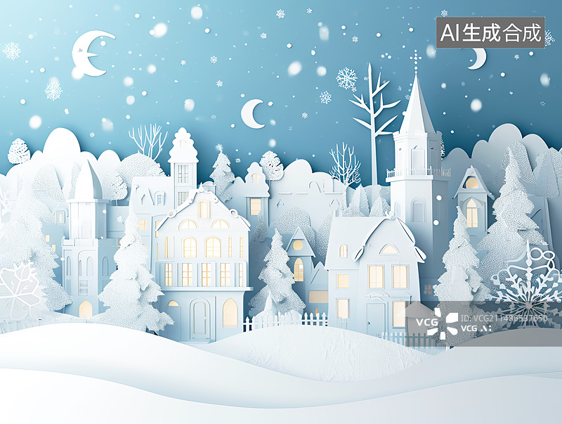 【AI数字艺术】剪纸风格白雪覆盖的城市村庄与白雪皑皑的景观插画背景配图图片素材