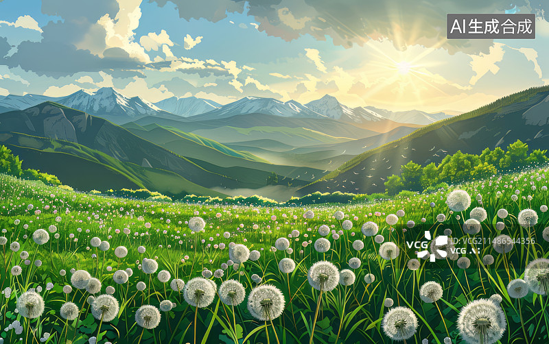 【AI数字艺术】阳光下的蒲公英花海插画背景图片素材