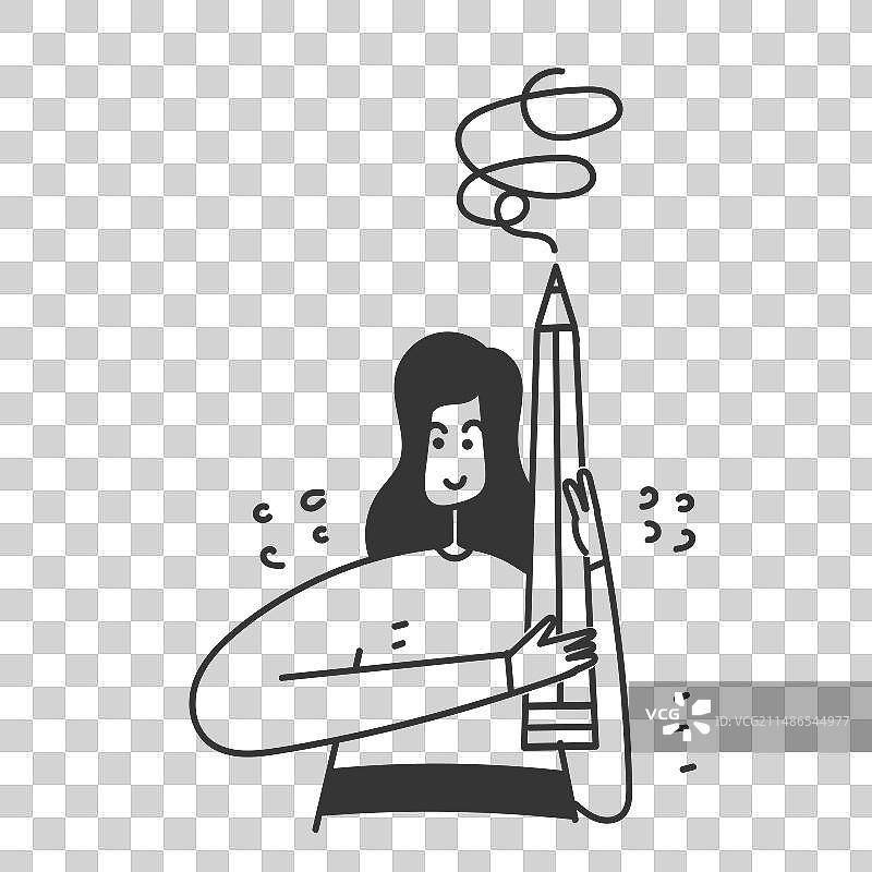 手绘涂鸦卡通女人拿着大铅笔图片素材